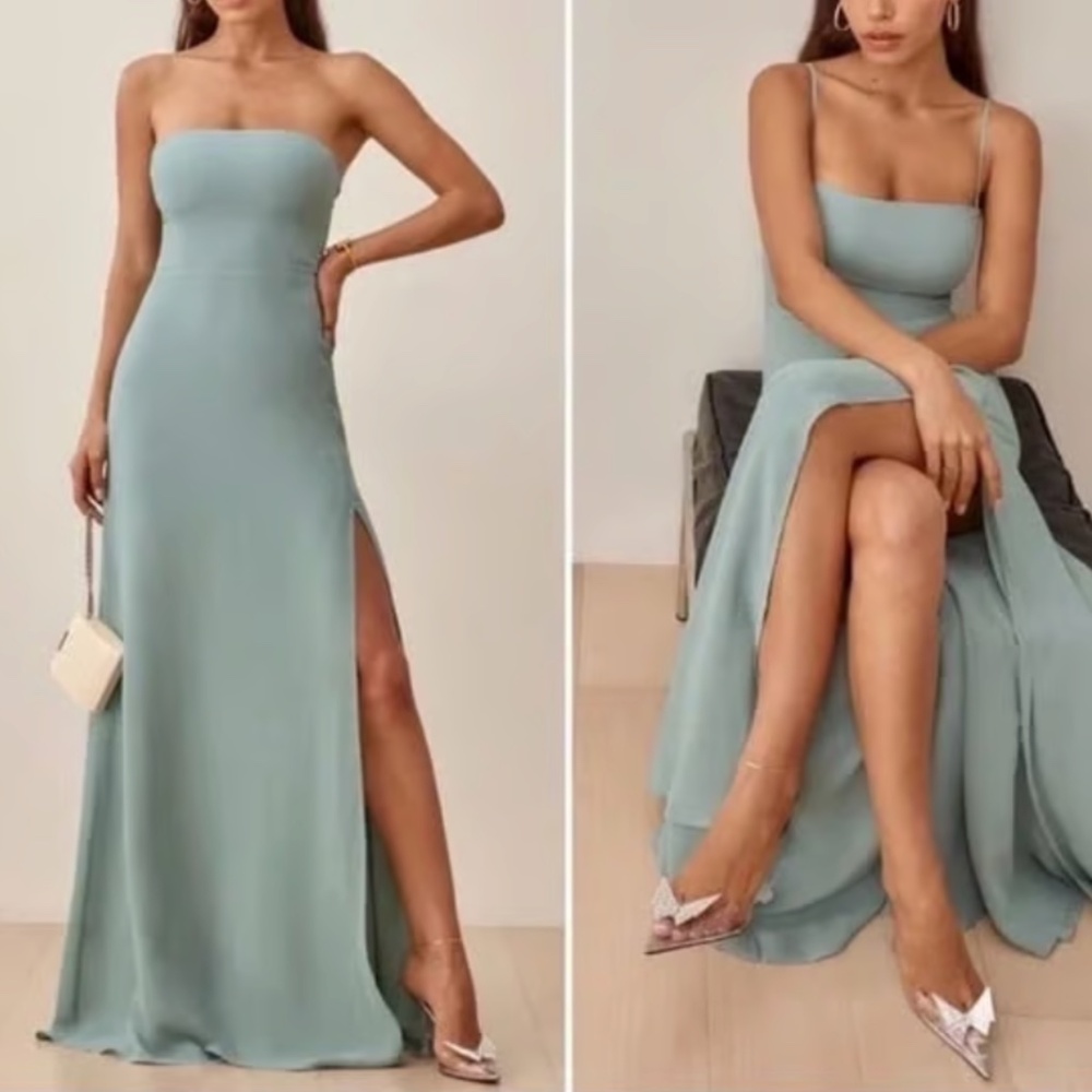 Reformation Ingrid Celadon Strapless Silk Maxi Dress Size 8